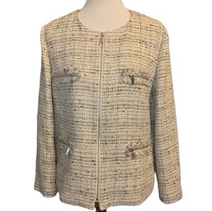 Lafayette 148 New York Tweed Blazer Jacket Boucle Women's Size 16 Fringe Pocket